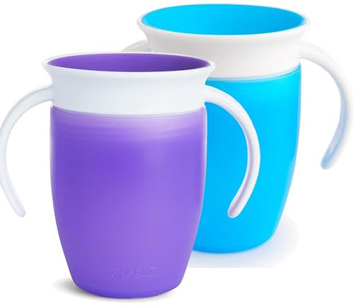 2 PCS Vaso de Aprendizaje para Bebé y Niños Pequeños, Vaso Infantil 360° con Asas, Antiderrame Libre de BPA para Bebés a Partir de los 6 Meses, Apto para Lavavajillas, 207 ml, (Azul/Morado)