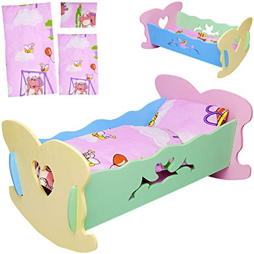 alles-meine.de GmbH Set: kleine - Puppenwiege aus Holz - mit Bettzeug - 36 cm lang - Wiegenset - Holzwiege aus Buntem Naturholz - Herz Mädchen - Bett - Puppen klein - Matratze D..