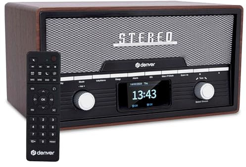 Denver Bluetooth DAB+ Radio CD Player With Clock Alarm & Remote – 2 x 50W Stereo Speakers, 20 Radio Presets, Twin Alarm, USB & AUX - MDA-525 Dark Wood