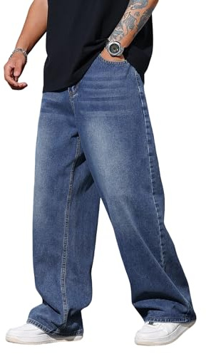 Zewool Jeans Baggy Hip Hop per Uomini,Jeans Skater a Gamba Larga,Pantaloni in Denim a vestibilità Loose Vintage Gamba Dritta vestibilità Rilassata Skateboard Y2K Streetwear,G10 Blu,S