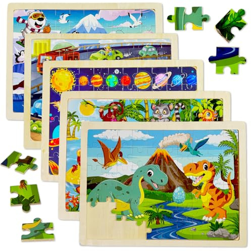 Kulveanju Puzzle en Bois Enfant pour 3 4 5 Ans - 5×30 Pièces Montessori Jouet Puzzle Dinosaure/Animaux/Espace, Jouet Educatif Préscolaire, Jeu Cadeaux pour Enfants de 3 à 8 Ans Garçons Filles
