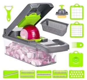 Gemüseschneider, 16-in-1-Gemüseschneider, gemüseschneider manuell, veggie chopper, multifunktionaler Gemüseschneider mit 7 austauschbaren Klingen, Würfelmaschine, Würfelmaschine für Gemüse, Obst