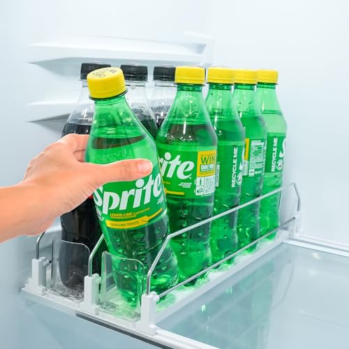Sip Sort Fridge Organizer for Drinks, Upgraded Design of Fridge Can Organizer with Larger Stopper Height. Width Adjustable Automatic Can Holders for Fridge with Lock. Holds 10 Cans (2 Rows, White)