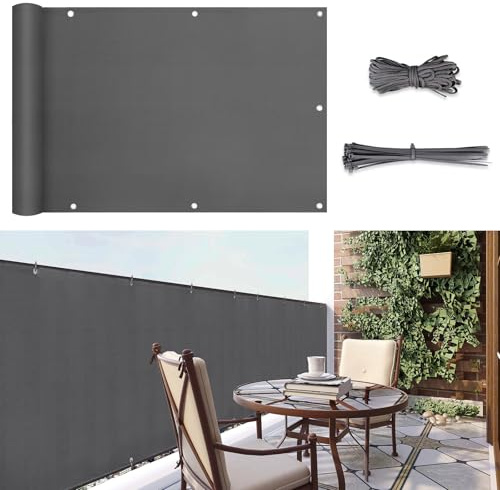 Sunula Balkon Sichtschutz Blickdicht 90x300cm, PES Balkonverkleidung Windschutz Ohne Bohren, Balkonsichtschutz mit Nylon Kabelbinder und Kordel, Patentierte Reißfeste Ösen, Wetterfest, Anthrazit