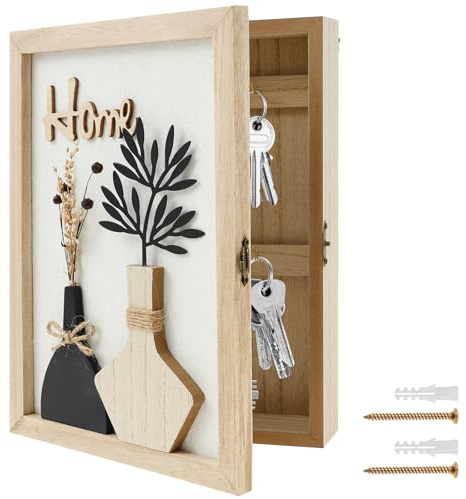 harupink Caja para llaves de madera con 6 ganchos, decoración para llaves con flores secas, soporte de pared, estante para llaves para entrada, pasillo, oficina (A)