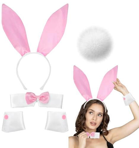Costume de lapin, accessoire de lapin, costume de lapin, oreilles de lapin, queue de lapin, collier avec n ud, 4 pièces, taille unique, blanc