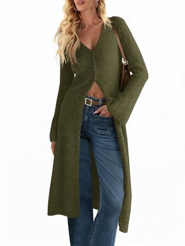 Saodimallsu Womens Long Cardigan Sweaters Oversized Bell Sleeve Open Front Button Down Casual Knit Fall Midi Dress Army Green