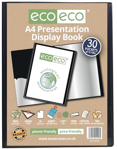 eco-eco A4 Size 50% Recycled 30 Pocket Black Presentation Display Book, Storage Case Portfolio Art Folder with Plastic Sleeves, eco196