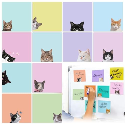 LONGERSIZHAN 12 Blocs-Notes Adhésifs Pastel, Sticky Tabs Auto-Adhésifs | Marque-pages autocollants chats mignons. Sticky notes pastel. Idéal pour bureau et école. Pratique et amusant.