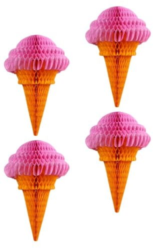 DECOMELODY Decorazioni Compleanno 4 Pezzi Ciondoli a Sfera a Nido D’Ape a Forma di Gelato in Carta Rosa, Palline Sospese Festa Effetto Luminoso per Addobbi Foto e Atmosfera Festa