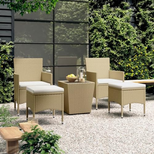 QUAHEAS Salon de jardin bistro 5 pièces en rotin synthétique résistant aux intempéries et verre trempé beige pour terrasse et balcon, avec coussins, ensemble de meubles d'extérieur stables