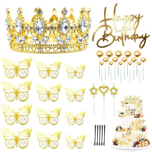 38PCS Decorazioni Torta Compleanno Oro con Corona Compleanno,Decorazione Torta Compleanni Dorato con Candele,Happy Birthday Cake Topper Farfalla Oro Palla,Forcina