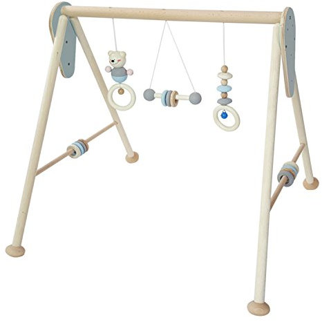 Hess Holzspielzeug 13381 - Spielgerät aus Holz, Serie Bär, für Babys, handgefertigter Spielbogen mit Figuren und Rasseln, nature blau, ca. 60 x 58 x 55 cm