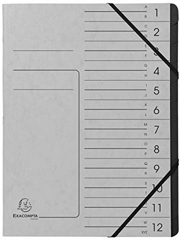 Exacompta 541211E Premium Ordnungsmappe geheftet. Aus extra starkem Colorspan-Karton DIN A4 12 schwarze Fächer und 2 Gummizüge mit Organisationsdruck Ringmappe Register-Mappe grau
