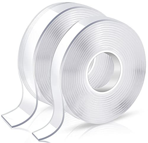 2Rolls Double Sided Tape Heavy Duty,Strong Double Sided Mounting Nano Adhesive Tape Reusable Multipurpose Clear Removable for Carpet Mats/Photos Frames/Poster Walls (6mx2.5/1.3cmx2mm)
