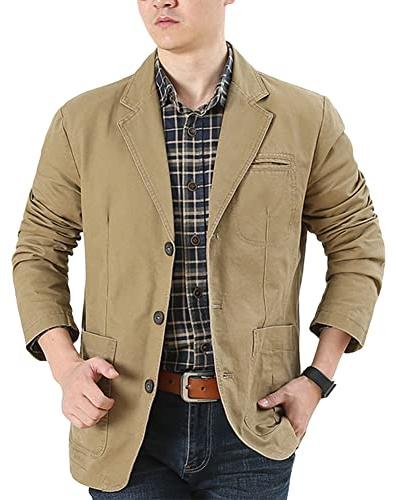 YAOTT Vardaglig blazer för män vintage blazer jacka smal passform långärmad bomull 3 knappar vardaglig kostym jacka affärer formell blazer vår höst lätt ytterkläder blazer kappa, Khaki, M