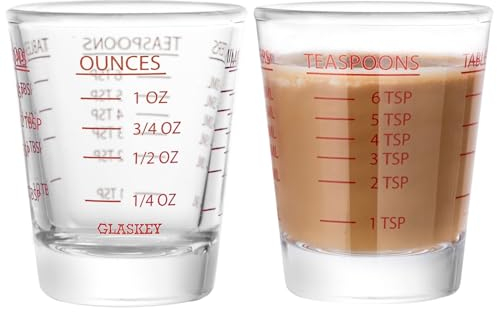 GLASKEY 1.5 oz Shot Glass Set of 2,Shot Glasses Measuring Cup with 4 Kind of Scale (1 OZ/30 ML/6 TSP/2 TBSP),Dishwasher Safe,Measurement of Dry and Liquid Ingredients (Red)