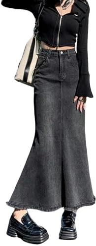 TEidea Gonna Jeans Donna Gonna di Denim Lunga A Vita Alta retrò per Donne, Stile Sciolto per L'Autunno E l'inverno, con Nappe E Tasche-Blackgray-XS