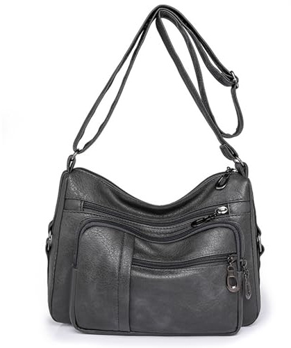 Ray-Velocity Damen Vintage Umhängetaschen, Schultertaschen mit Mehreren Taschen, Leicht Handtasche für Alltag Arbeit Einkaufen Reise (B, Grau)