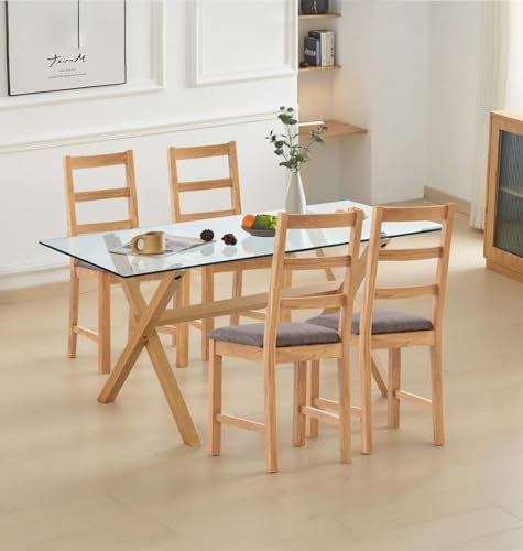 Hallowood Furniture Cullompton Large Dining Table and Chairs Set 4, Kitchen Table with Glass Top, Cross Wood Effect Metal Legs and Grey Fabric Ladder Back Chairs, Perfect for Home and Cafe
