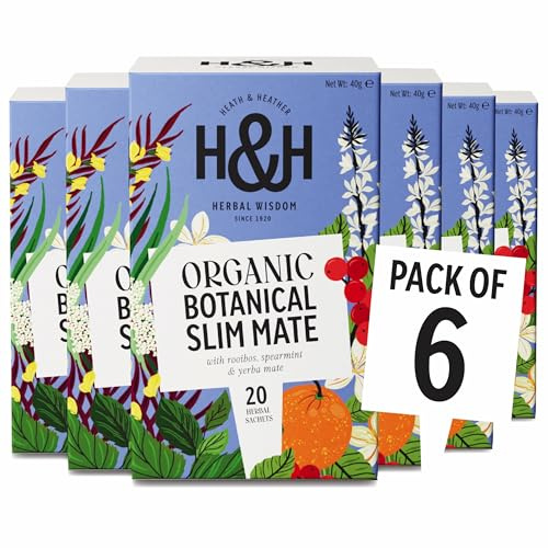 Heath & Heather • Organic Slim Mate Tea • Rooibos & Spearmint • 6 x 20 Bags | Organic Slim Mate Tea With Rooibos, Spearmint, and Amazonian Guarana. Caffeine Free Blend. 6 Boxes, Each x 20 Teabags.