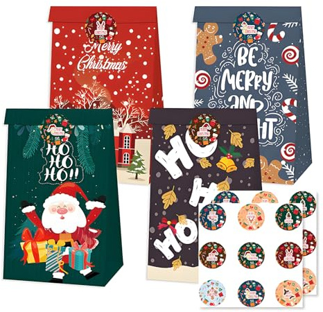COSORO 12 Navidad Bolsas Regalo Cumpleaños Infantil con 18 Pegatinas,Bolso Pequeño de Papel Kraft 24x13x8cm,Bolsitas Galletas Caramelos de Niños,Regalos Embalaje para Fiestas Navidad
