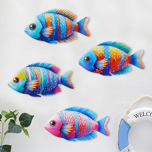 LIUCONGBD 4PCS Metal Fish Wall Decor, Cute Tropical Fishes Art Sculpture, Coastal Wall Hanging Ornament for Indoor or Outdoor Garden Patio Bathroom Living Room,Gifts for Children Friends (Fish)