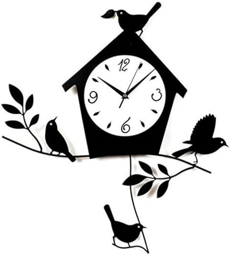 Birds and Birdhouse Wall Clock with Pendulum | Laser-Cut Bird Theme & Black Matte Finish| Wood Wall Clock with Frosted Glass Dial & Battery Powered Wood Material