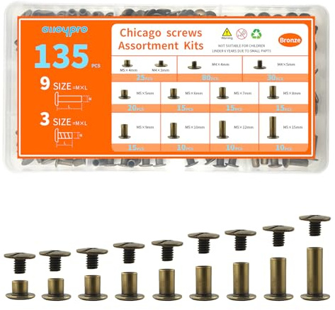 135 Sets Bronze Chicago Screws Leather Rivets Kit, 9 Sizes (M5*4,5,6,7,8,9,10,12,15) & 3 Screw Lengths (M4*3,4,5) Chicago Binding Screws, for Leather Craft, Bookbinding