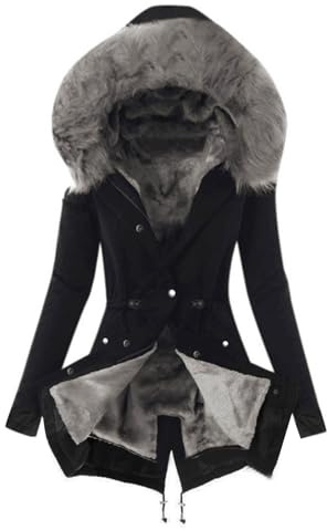 Keepink Womens Winter Coats UK Ladies Puffer Jackets Warm Thicken Down Coat with Furry Hood Fleece Lined Parka Full Zip Quilted Coat Longline Hoodies Pockets Trench Overcoat for Work Travel