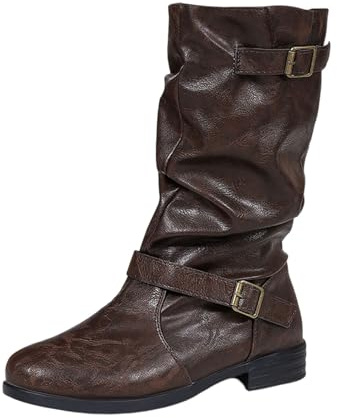 Generisch 2025 Botas de mujer de pantorrilla media, botines casuales de moda con detalle de hebilla, tacón bajo, zapatos cómodos para trajes de invierno para mujer plana 39, marrón, 38 EU