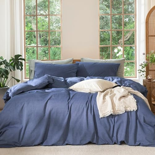 MOOMEE Bedding Duvet Cover Set - 100% Washed Cotton Linen Like Textured Breathable Durable Soft Comfy Bedding Set with Hidden Zipper Closure(Heathered Blue,Double Size)