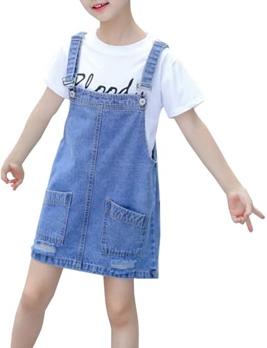 Yimutian Vestido de Peto Vaquero para Niñas Denim Vestido Dungaree de Mezclilla con Correas Ajustable y Bolsillos Azul 110