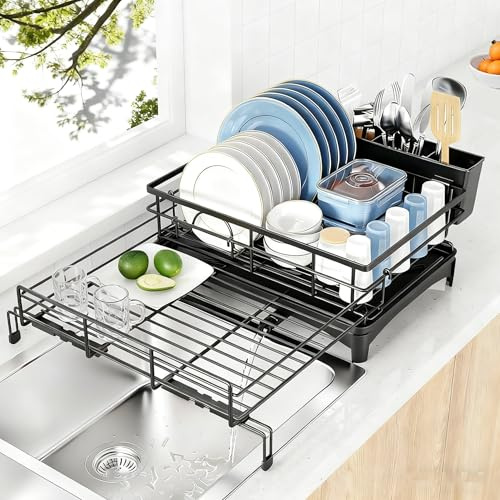 WJWSKI Extendable Dish Drainer Rack - Stainless Steel Dish Rack with Drip Tray, Rust-Resistant Dish Drying Rack with Cutlery Holder & Adjustable Support Legs for Kitchen Counter and Sink,Black