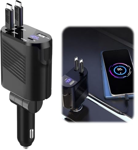 Cargador Coche Carga Rapida 4 en 1 Carga Rápida 120W 12V con 80cm Retráctil Cable PD3.0+Type-C(C+C) Ajuste Libre de 180 Grados Compatible i-Phone/Huawen/X-iaomi/H-onor/Samsumg