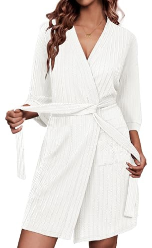 Ekouaer Women's Robe Twisted Rib Knit 3/4 Sleeve Dressing Gown V Neck Bathrobe with Pockets Knee Length Loungewear White M