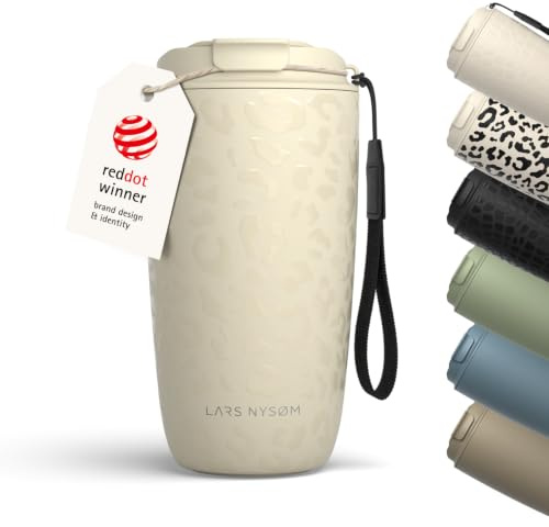 LARS NYSØM Taza térmica café para llevar con correa y Tapa | Termo Café de 0,5L con aislante | Travel mug con diseño de patrón de acero inoxidable a prueba de fugas (Beige/Leopard/Beige, 500ml)