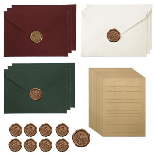 38-delars vintage brevpapper med 9 kuvert, 20 A5-skrivpapper och 9 sigill, skrivset för bröllop, födelsedagar och gratulationskort, vinröd, grön & vit