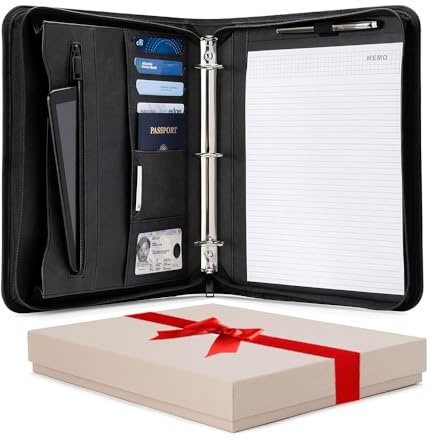 Forevermore Portfolios Portfolio Organizer - 3 Ring Binder with Notepad - 1.5 Inch Rings - Zippered Storage Pockets for Papers, Travel Documents, Presentation Folder, Cards, Passport, Tickets - Black