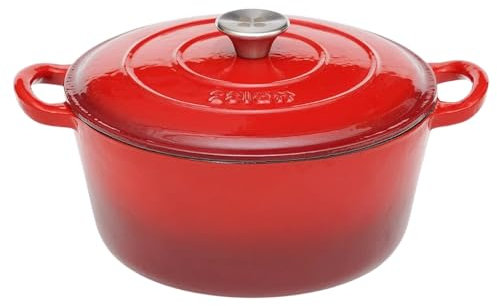 Lätt Home Cocotte in Ghisa Smaltata Rossa. Forno Olandese Pentola Rotonda Antiaderente 26x12 CM - 4,8 L. Casseruola Pentola in Ferro per Induzione, Vetroceramica e Forno
