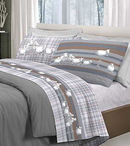 HomeLife Parure de Lit Flanelle 90x190 Coton Made in Italy | Linge de lit Flanelle avec Drap Plat 1 Personne Coton, Drap Housse Flanelle 90x190 avec Coins, 1 Taie Oreiller | Moutons - Gris