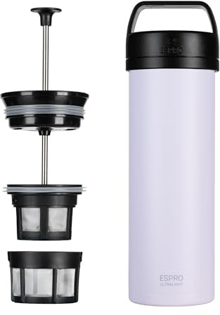 ESPRO – P0 Ultralight – Französische Kaffeepresse für Einzelportionen und leichte Trinkflasche für Reisen, Camping und den täglichen Gebrauch, Edelstahl, vakuumisoliert, 16 oz (Frost Wisteria)