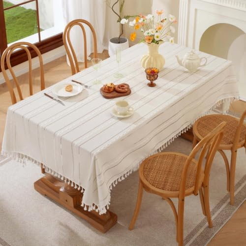 Pahajim Mantel Mesa Rectangular Manteles Antimanchas Impermeable Algodon Lino Borla para Cocina Comedor Mesa Buffet Mantel de la Tabla(Blanco,140x300cm)