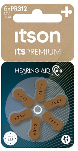 ITSON, zinc air battery for over-ear and in-ear hearing aid devices, pack of 6, plastic free packaging, PR312(41) IT/6RM