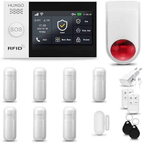 HUXGO® HXA007 Alarmanlage Haus WiFi + GSM mit Funk Sirene | Tuya Smartlife App | Alarm System mit Fenstersensor, 7X Bewegungssensor | Alarmanlage Wohnung, Garage | Smart Home