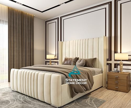 Double Ottoman Bed Curved | Winged Headboard Ottoman Storage Bed | Velvet Upholstered Bed Frame | Wingback Curved Bed Frame |King, Super King Bed Frames (Cream Plush Velvet, 5FT KING)