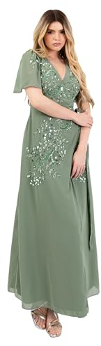 Maya Deluxe Maxi V-hals kort ängel ärm wrap paljett Embellished chiffong slips kväll tillfälle balklänning, Djup mynta, 34
