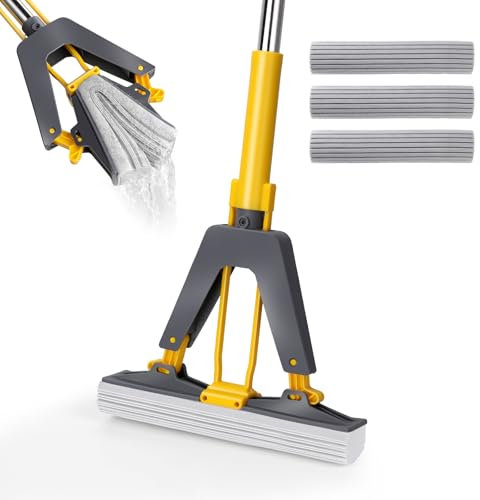 Masthome PVA Sponge Mop, Easy Floor Mop with 3 Super Absorbent Foam Heads, Hands-Free Extended Self Squeeze Mops with Stainless Steel Handle, Sponges Mops for Cleaning Laminate, Tile, Hardwood Floor