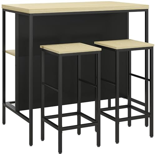 HOMCOM Ensemble Table de Bar et 2 tabourets avec Repose-Pieds, étagère de Rangement, Style Industriel, métal Noir et Aspect Bois