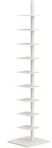 Habamapafa 9 - Tier Metal Spine Bookshelf,The Ideal Vertical Tower for Small Spaces, Multipurpose Corner Solution, Tall & Narrow Ladder Bookcase for Stunning Book Display at Home (White)